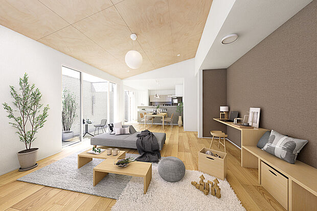 【ワンフロアならではの奥行が家族をつなぐ平屋スタイル】平屋ならではの勾配天井がより広がりを感じさせる自然と家族が集うリビング空間。家事が効率よく捗るスムーズな動線で自分時間も確保。プライベートテラスも魅力の一つです。