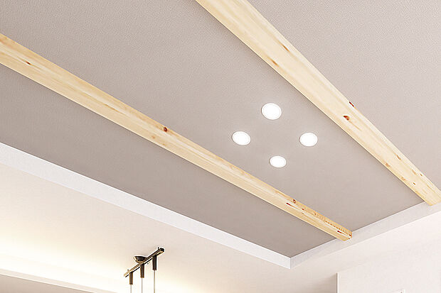 【【天井アクセントクロス＆化粧梁】】リビングの天井の一部にアクセントクロスと木の温もりを感じられる化粧梁を採用。空間に奥行きを演出します。