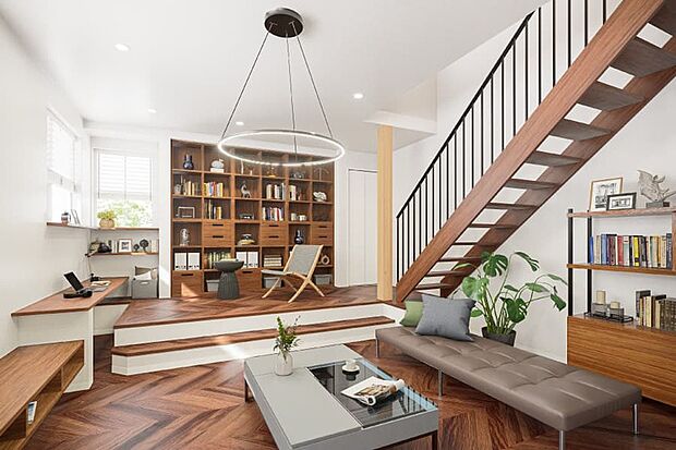 【【PLAN01】完成予想図】リビングの一部に、一段高いステージ空間を設えた住まい。吹抜けのスリップ階段が、空間を引き締める効果に加えてリビングに明るさを生み出します。※1号棟完成イメージ図