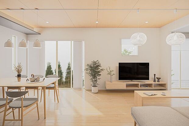 【【PLAN02】完成予想図】リビングダイニングを包み込むような、檜合板のインテリアラーチを天井一面にプランニング。一段下がったキッチン天井との間の間接照明が柔らかく照らします。※2号棟完成イメージ図