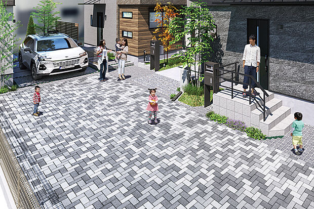 【コミュニティを育む協定道路】住まう方だけが利用する協定道路を計画。インターロッキング敷きの美しい舗装が街並みに彩りとゆとりをもたらします。住民同士が自然に挨拶を交わせる穏やかな環境を育み、心地よいコミュニティ形成を支えます。