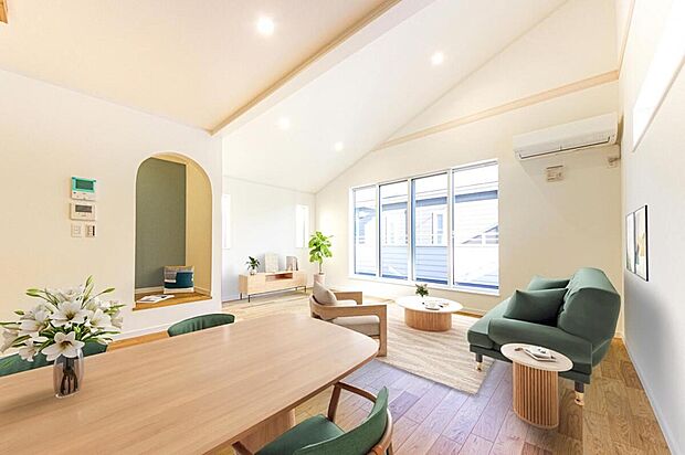 可愛らしい円形屋根のヌックを設えたLDK。家事の合間に本を読んだり、お茶を飲んで一息ついたりと“自分時間”を上手に生かせるリビングです。(7号棟/約17帖/家具や小物はCGによるイメージです)