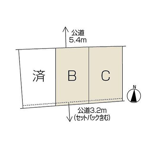 【全体区画図】静かな生活道路に面した、安心の住まい。車の往来が少なく、小さなお子さまがいるご家族にも優しい、穏やかな環境が整っています。