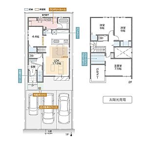 LDK上部の吹抜けが心地よい開放感をもたらし、1階には、あると嬉しい“もう一部屋”を設けた人気の間取りです。 
