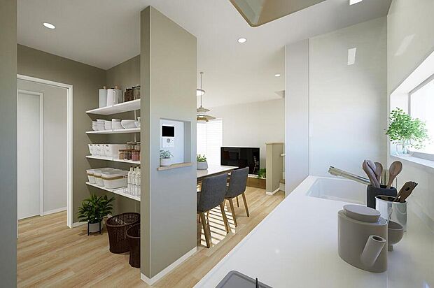 玄関側からキッチンに抜ける2帖の大型パントリー!食品の備蓄はもちろん、日用品などの収納にも活躍!