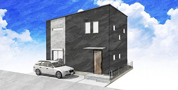 【【参考プラン(No.4)】】スッキリとしたシルエットが映える外観のお家。木の扉がぬくもりをプラスします。庇付きの玄関は荒天時の開閉も慌てることなく済みます。駐車スペース1台完備で通勤や休日の外出も便利に。