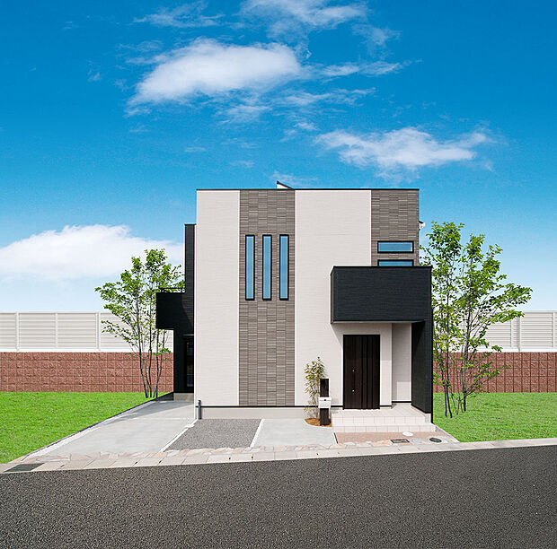 アーバンモダン、正面外壁の縦ラインをアクセントとベースカラーで切り替え。
外観デザインに関して、細かなデザイン規制は設けずお客様のお好みに合わせて、専属のコーディネーターがご提案致します。（施工例）