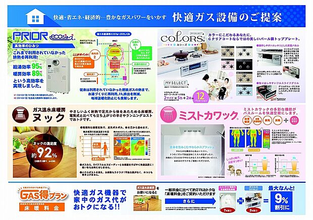 【標準ガス設備】省エネ給湯器エコジョーズ標準装備！お手入れ楽々のガラストップコンロも標準、ガラストップの天板はカラーを選択頂けます。寒い冬場でも安心の床暖房３パネル標準装備です♪※カワックは標準、ミストサウナは当社推奨オプションです。
