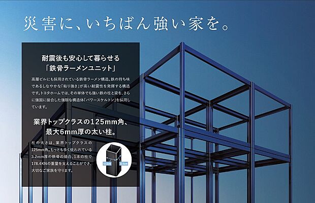 【トヨタホームの構造】強靱な構造体と二次被害防止策で、万一、大地震が起きても安心です。高層ビルにも採用されている強靱な鉄骨ラーメン構造で、大地震による大きな力に対しても変わらぬ強さを発揮します。また、壁面にしっかり固定された備え付け収納や、揺れても扉が開かない耐震ラッチなどで、二次被害も防ぎます。