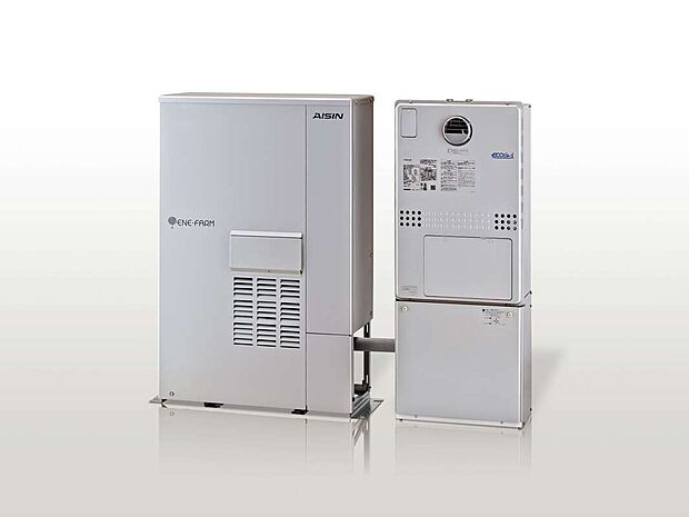 【エネファーム】都市ガスから、水素を取り出し、空気中の酸素と反応させて発電するシステムです。発電時の熱を利用してお湯を作ります。発電した電力をすぐに家庭で使用できるエコな先進設備です。