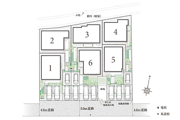 【開放的な陽だまり空間に憩う街】
全邸敷地面積120m2以上、前面道路はゆとりと開放感を演出する5mの広さ。南側に設けたカースペースの纏まりが各邸に明るい陽光と爽やかな風を呼び込む設計です。