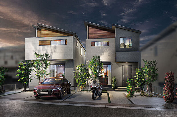 【上質な素材感とモダンな片流れ屋根が魅せる建築美】
スタイリッシュなデザインの宅配ボックス付機能門柱、並列2台駐車可能なカースペース(車種制限及び入れ替えの必要があります。)をご用意しました。