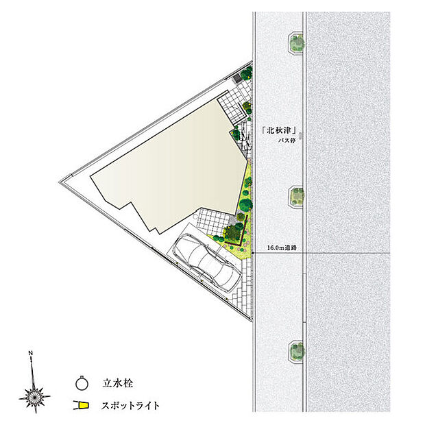【満ち足りたプライベートライフ】
南面に大きな開口部を設けつつ、道路面の開口部を小さくデザイン。さらに植栽やボードフェンスを計画的に配置し、幅員16mの通りやバス停からの視線を遮りプライバシーを確保。