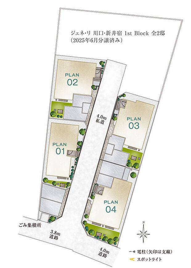 【採光と通風に配慮したゆとりある配棟計画】
中央に開発道路、敷地の南側に庭を配したゆとりある4邸。植栽が映える落ち着いたトーンの外観は、外構アイテムと相まって街に統一感と穏やかな印象をもたらします。