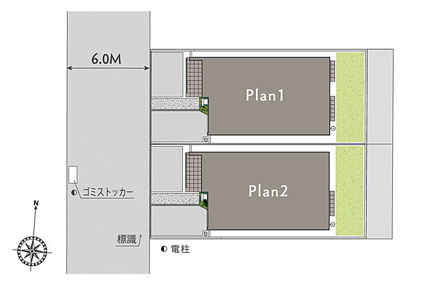 【2邸の個性が調和する街並み】
各邸にカースペースやサイクルスペースを確保。幅員6.0mの前面道路と相まって、開放的な空間を創出しています。夜間は外部照明が自動点灯し、街並みを美しく照らします。