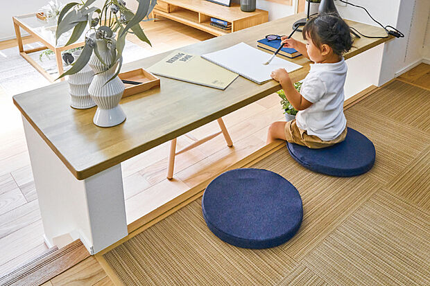 【スキップDEN】
フロアの高低差を利用した空間に、ワークカウンターをプラス。リビングの一部のような感覚で家族の繋がりを感じられます。※画像はイメージです。※号棟により採用状況が異なります。