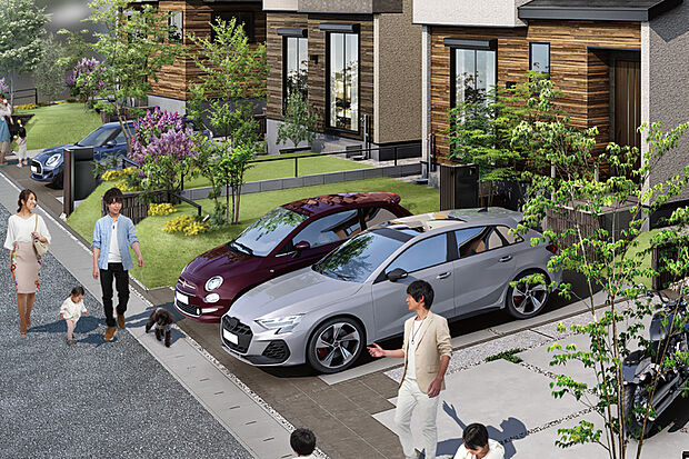 【【ゆとりのアプローチ】】カースペースを抱き合わせにすることで陽だまり空間を創出。室内に暖かな陽光が射し込みます。