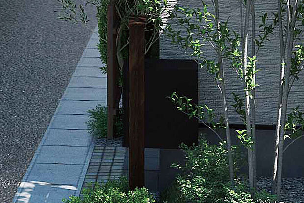 【【宅配ボックス付機能門柱】】外出時でも荷物を受け取ることができる、便利な宅配ボックス付きの門柱を採用しました。スタイリッシュなデザインで、街並みにも調和します。