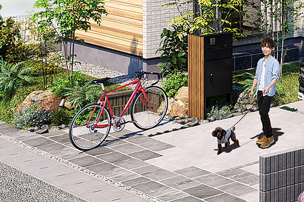 【【サイクルスペース】】家族の自転車を複数台駐輪可能なサイクルスペースを確保しました。大型バイクも停められます。玄関周りを整頓することができるので、整然とした街並みを保つことができます。