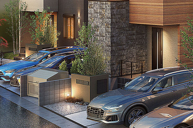 【【灯かりのいえなみ協定(R)】】暗くなるとLED外部照明が自動点灯。夜の街並みを美しく浮かび上がらせます。家を明るく照らすことで、安全性を高める効果も。※照明の数や種類は号棟により異なります。