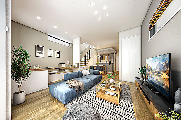 【【明るさと心地よさ、家族の絆を育む家】】3タイプのリビングは、いずれも家族同士の繋がりが自然に深まるデザインに。高天井とハイサッシにより陽光溢れる快適な空間を創出しました。