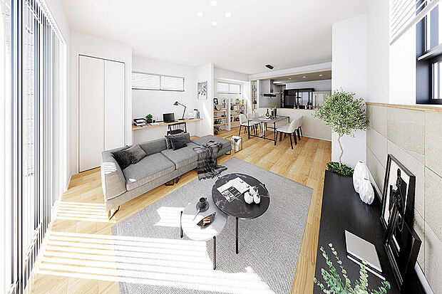 【【穏やかな光が満たす、上質な時間】】リビングに差し込む自然光と、素材がもたらす豊かな表情。住まう人の感性に寄り添う個性あふれる4つのプランが、寛ぎのスタイルを自由に描き出します。