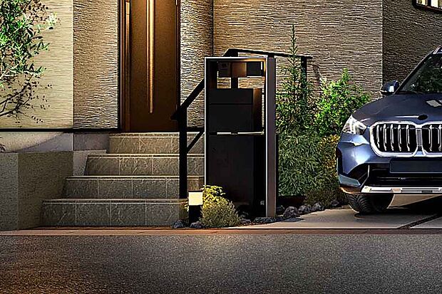【【宅配ボックス付機能門柱】】外出時でも荷物を受け取ることができる、便利な宅配ボックス付のスタイリッシュな門柱を採用しました。