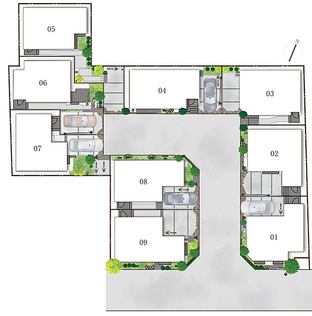 ゆとりある6mの開発道路沿いには多種多様な木々や下草を配植しています。