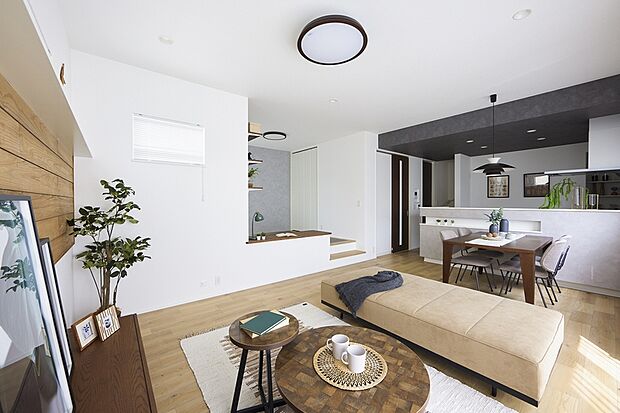 【3スタイルプラン-ステージ】リビングの床から一段上がった、ステージのような空間は、家族とのつながりを感じながら仕事や趣味を楽しめ、お子様の様子も安心して見守れます。