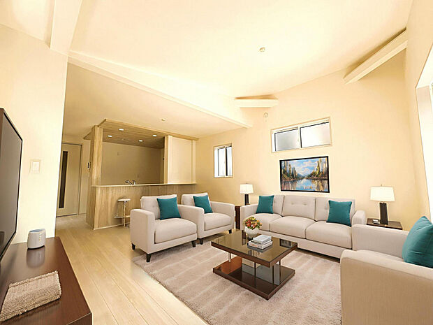 1号棟　LDK　17帖のゆったりLDK！折り上げ天井、ニッチなど設備も充実した快適なリビング空間！※家具等をCGで加工しています。※家具付き販売ではありません