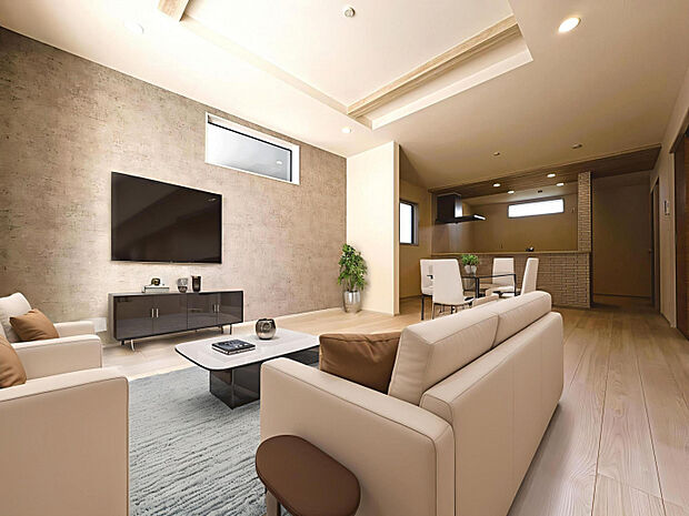 3号棟　LDK　20帖のゆったりLDK！折り上げ天井、ニッチなど設備も充実した快適なリビング空間！※家具等をCGで加工しています。※家具付き販売ではありません