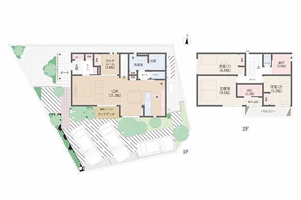 No.3_プラン図　家族みんなが多目的に楽しめる自由空間〈ウッドデッキ＆マルチルーム〉のある住まい。2階には2帖以上の大容量の収納スペースが2ヶ所ございます。