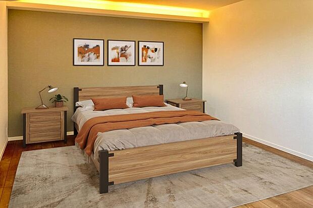 No.3_主寝室（撮影_2024年10月）※一部CG加工有　間接照明による癒しとくつろぎを生み出しつつ、室内物干しスペースを設けた主寝室となっております。