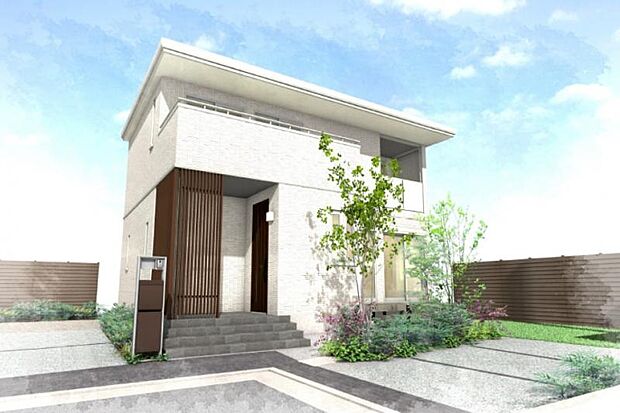 No.2_外観パース　土地74.30坪、延床面積32.81坪、屋内型蓄電池4.9kWh搭載。※外観パースはイメージとなります。