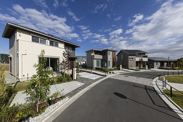 前面道路（撮影_2025年10月）幅員6mのアスファルト舗装とインターロッキングでアクセント。歩道専用道路も完備しています。