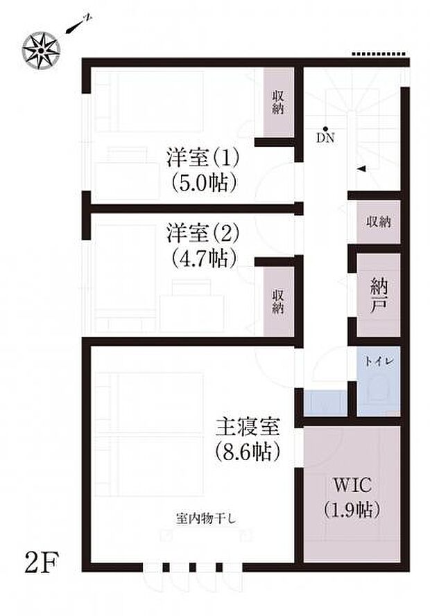 No.7_間取り図2F　全居室が南西向きに配置され、心地よい陽射しが差し込む明るいプライベート空間。