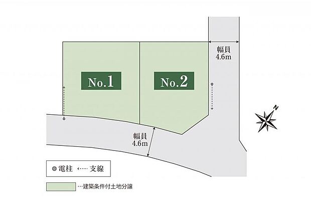 全体区画図　敷地はゆとりある約136平米の角地を含む全2区画。