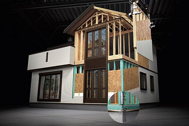 【　TUアルティメイトモノコック構造　】2×6工法をさらに頑丈にした独自の構造体。　大切な家族を守り抜く頑丈な構造体。　数百年に一度の地震※にも備えるユニット　※住宅性能表示制度の耐震等級（倒壊防止）に基づきます。