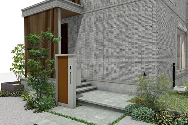 【No.5_外観パース2 】デザインガイドラインにより統一された門柱で一体感のある街並みになります。※画像はCGイメージです。