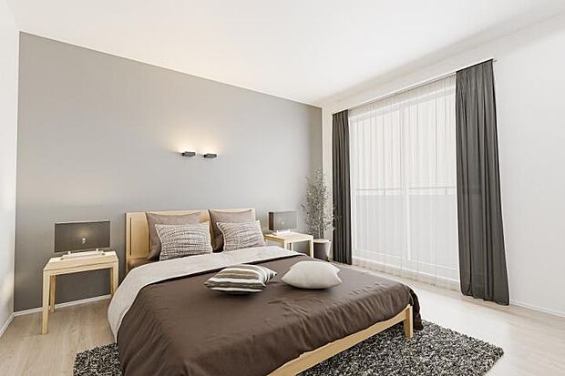 【No.5_主寝室パース 】WIC付きの主寝室には穏やかな睡眠を妨げないよう落ち着いた色調の壁紙をデザイン。※画像はCGイメージです。