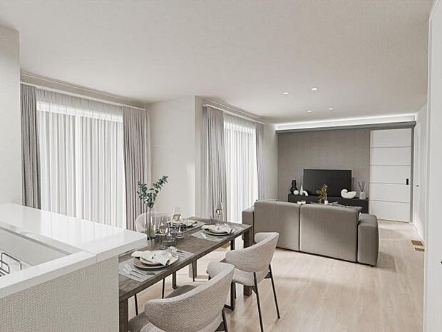 【No.1_内観CG2（作成_2025年8月5日）】お料理しながらもご家族とのコミュニケーションが楽しめる間取りです。※画像は全てCG加工です。