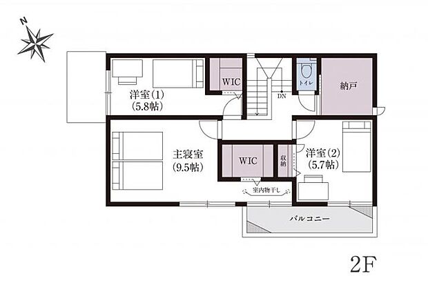 【4ＬＤＫ】No.1_間取り図2F　2部屋から出られるバルコニーには室内物干しスペースが隣接。物置スペースやW.I.Cもあり使い勝手の良い間取りです。