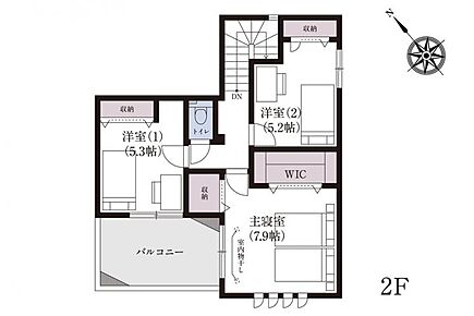 No.1_間取り図2F　7.9帖の主寝室には大容量のW.I.Cと室内物干しを完備。ゆとりあるバルコニーは物干しだけでなくガーデニングなど癒しの空間にもなります。 