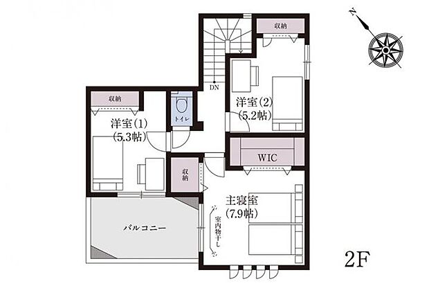 【3ＬＤＫ】No.1_間取り図2F　7.9帖の主寝室には大容量のW.I.Cと室内物干しを完備。ゆとりあるバルコニーは物干しだけでなくガーデニングなど癒しの空間にもなります。