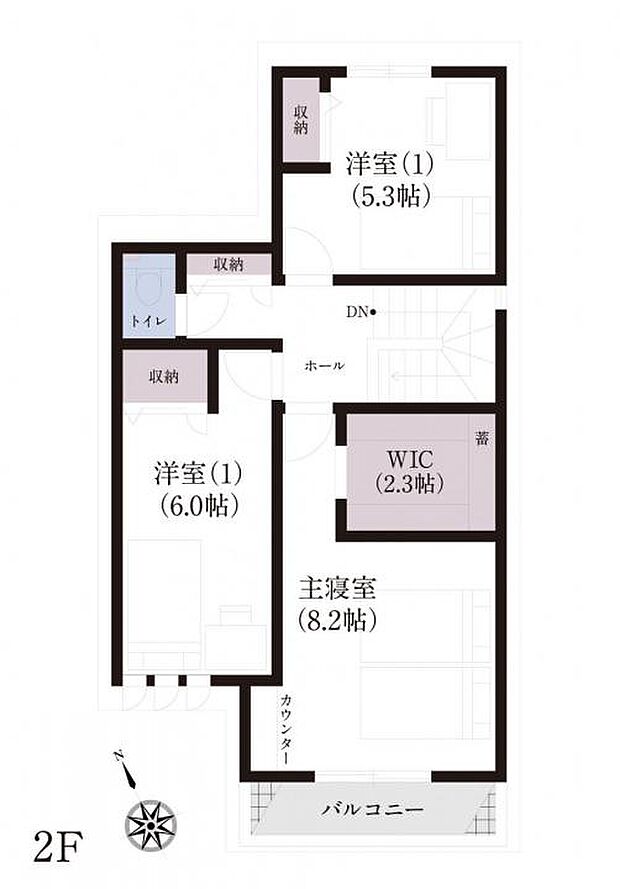 【3ＬＤＫ】No.6_間取り図2F　主寝室にはワークスペースとしても化粧台としても活躍するカウンターも設置しています。