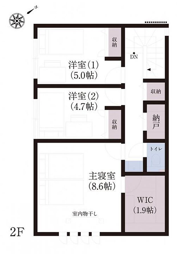 【3ＬＤＫ】No.7_間取り図2F　全居室が南西向きに配置され、心地よい陽射しが差し込む明るいプライベート空間。