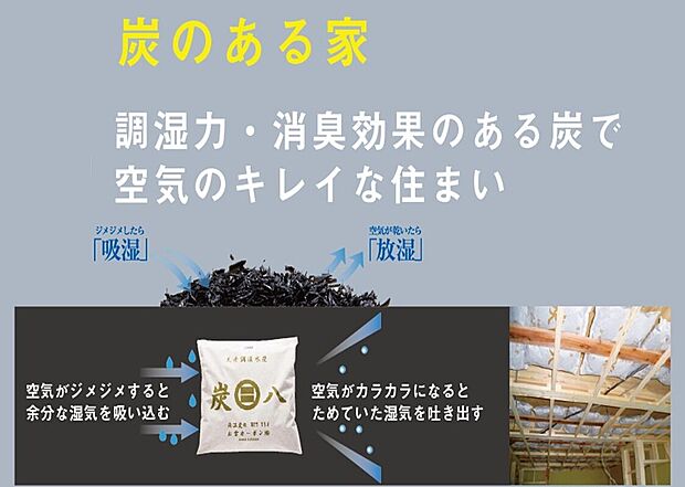 【炭のある家】 1階天井に敷設した国産の炭がお部屋の隅々まで調湿します。 ・夏を涼しく ・冬をあたたかく ・カビやダニの発生を防ぐ ・室内空気をいつもクリーンな状態にします