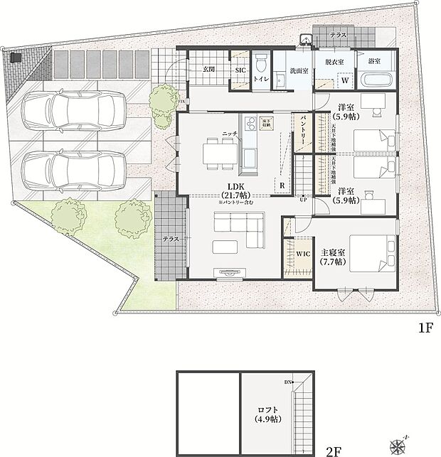 【3LDK】2(3)LDK+パントリー+SIC+WIC+脱衣室+ロフト(4.9帖)