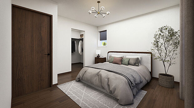 【主寝室・【完成予想パース】】◇主寝室には、たっぷり収納できるファミリークローゼットを設置。衣類や小物をひとまとめに収納でき、毎日の身支度がスムーズに。