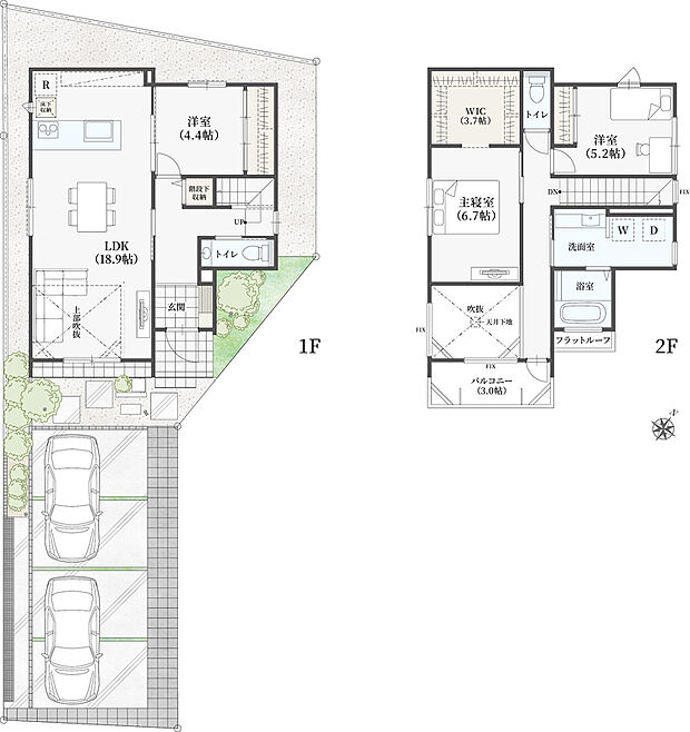 【3LDK】車庫2台/LDK18.9帖／階段下収納／吹抜け／WIC／バルコニー